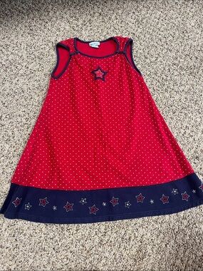 🍀6/$20 Healthtex Red Polka Dot and stars Dress with Navy Trim